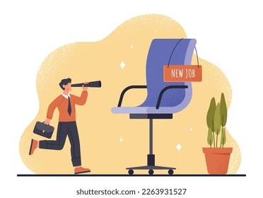 Latest jobs Businessman looking through a telescope at a large office chair labeled "New Job."
