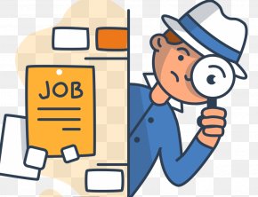 job hunting website Man with magnifying glass searching for jobs.