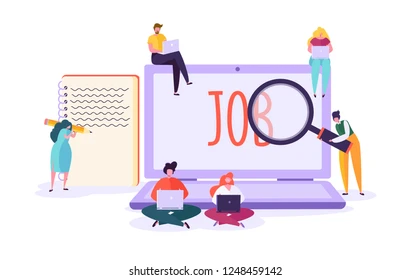 job hunting website People using laptops around a screen showing the word "Job" with a magnifying glass