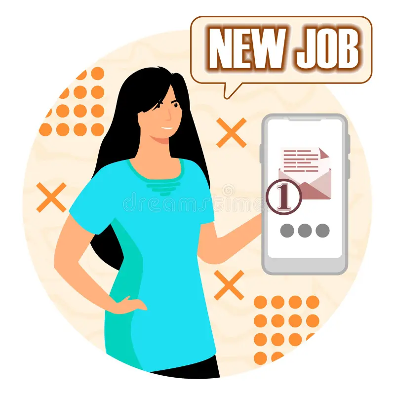New jobs notifications Illustration of a woman receiving a new job notification on her smartphone