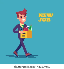 New jobs notifications Cartoon man in a suit walking with a box of office items labeled "New Job"