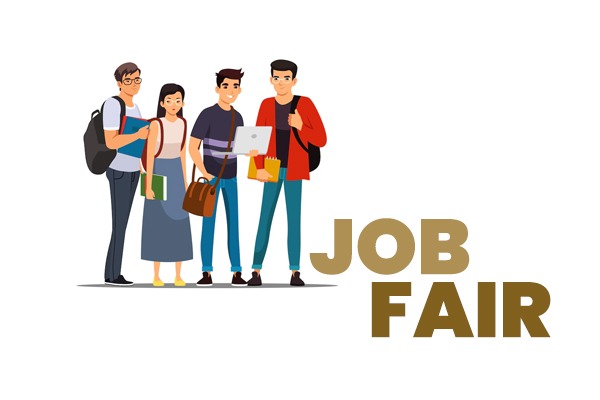 A group of young Indian students standing together with books and a laptop at a job fair.