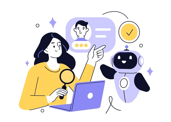 ai jobs Woman using laptop with AI robot during hiring process