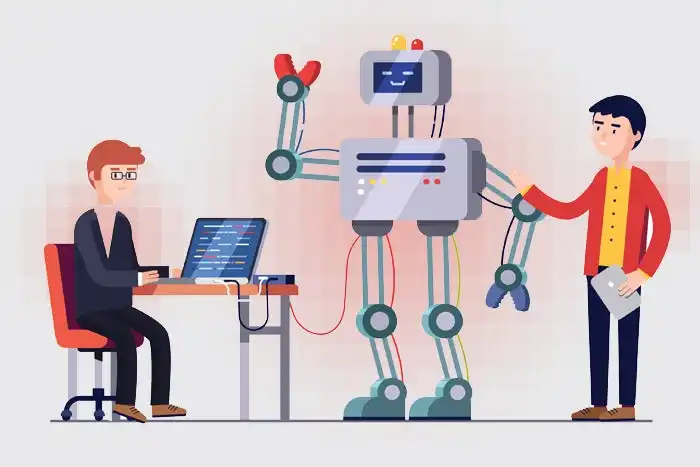ai jobs Team of people working with a robot in a tech office