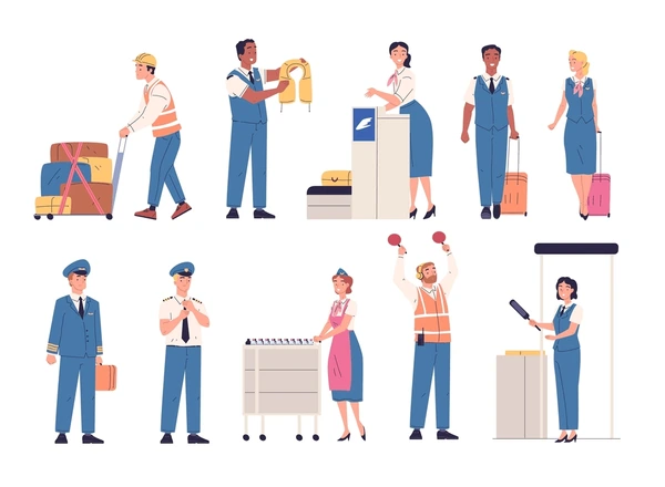 airport jobs Various airport staff roles including ground crew, security, and cabin crew