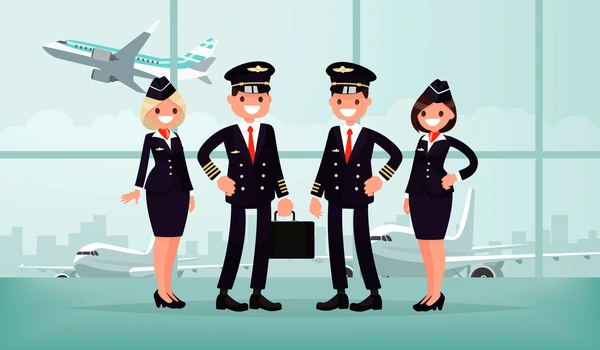 airport jobs Pilots and flight attendants standing inside airport terminal