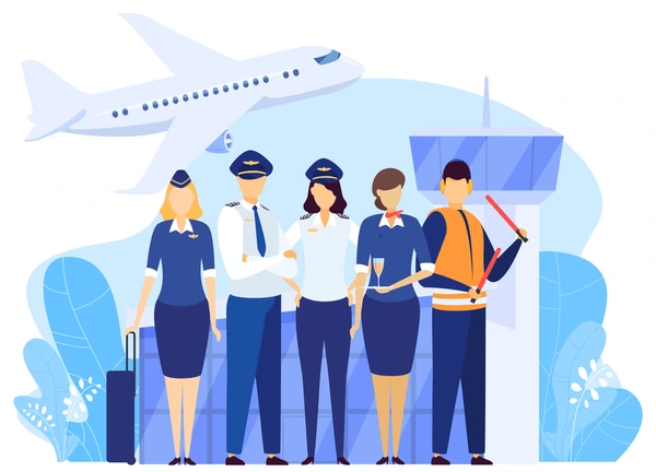 airport jobs Group of airport employees including pilots, ground staff, and cabin crew