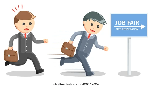 Two cartoon businessmen rushing towards a job fair sign that says "Free Registration".