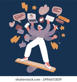 India best jobs Illustration of an Indian woman multitasking with several arms holding devices, documents, and office tools