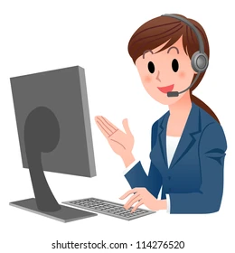 customer service jobs Cartoon woman at a desktop computer wearing a headset and smiling.