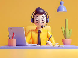 customer service jobs 3D cartoon of a male customer service agent with glasses, headset, and laptop.
