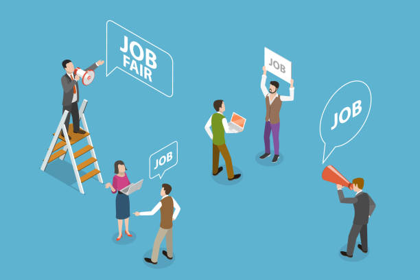 Isometric illustration of job seekers interacting with recruiters and signs at a job fair.