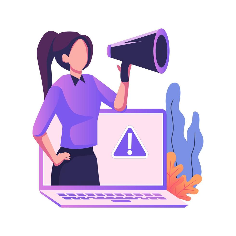 job alert .com Woman with megaphone standing out of laptop screen announcing alert