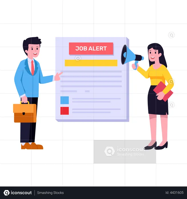 job alert .com Man and woman standing near job alert board with megaphone