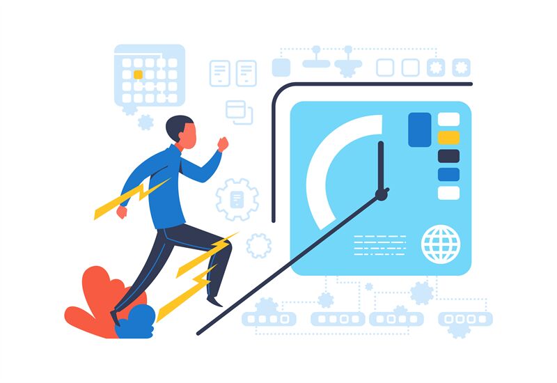 job faster Professional running towards a digital dashboard with lightning speed