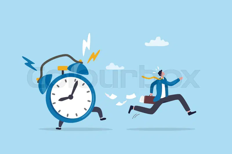 job faster Office worker running ahead of a giant alarm clock