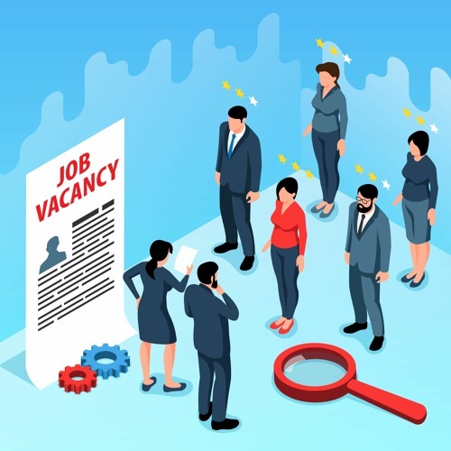 good jobs in india Businesspeople standing near job vacancy notice and magnifying glass