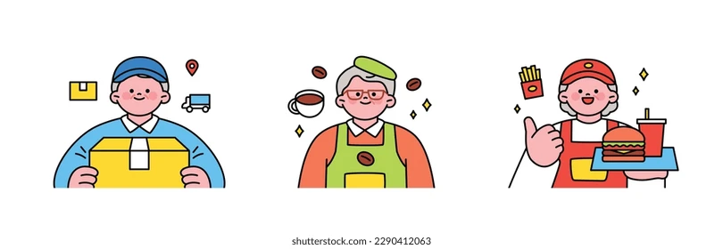 job 12 passs Illustration of three workers: a delivery person, a barista, and a fast-food server.