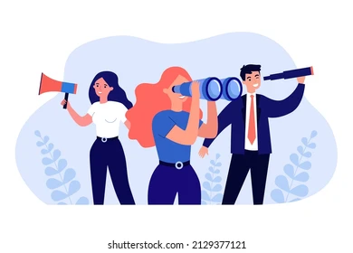 recruitment Three professionals searching for candidates using binoculars and a megaphone