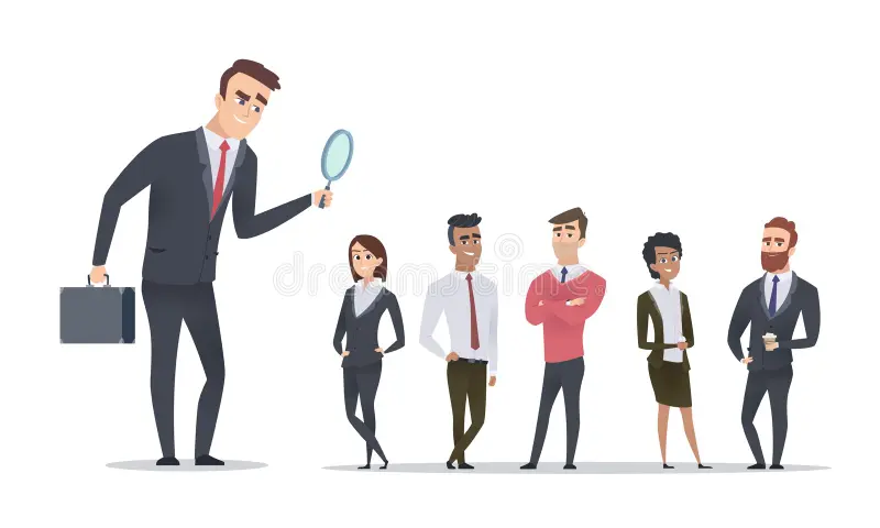 recruitment Employer using a magnifying glass to select candidates from a group