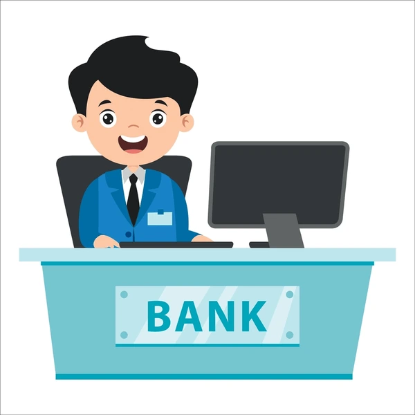 job vacancy bank Cartoon of a bank employee sitting at a desk with computer