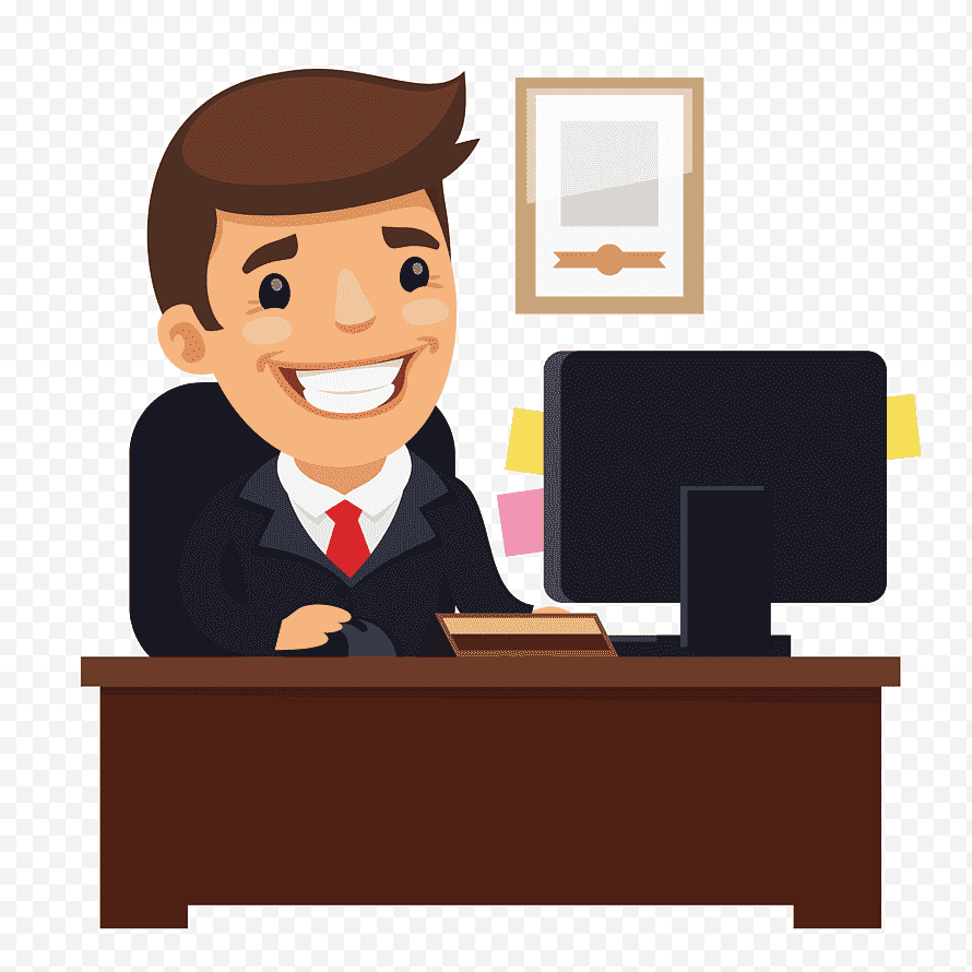 job vacancy bank Businessman smiling at his office desk with computer and certificate