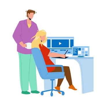 video editor jobs Two people working on video editing at a desk with editing software on screen