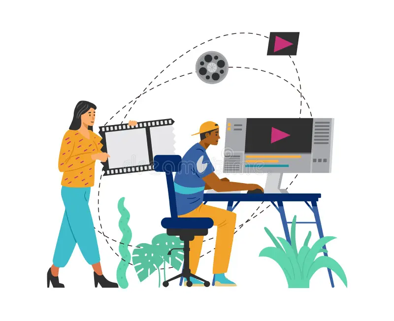 video editor jobs Team working on a video editing project with footage and software interface