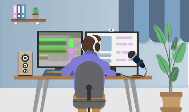 video editor jobs Man working from home on dual screens with headphones and microphone