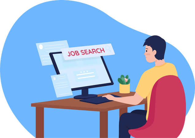 Man sitting at desk browsing job listings on computer