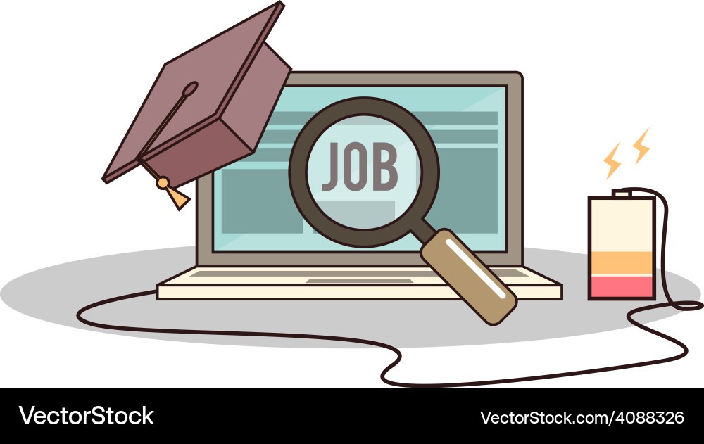 Laptop with magnifying glass and graduation cap showing job search
