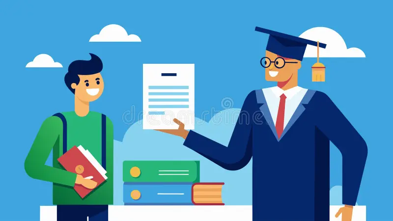 Smiling graduate presenting a certificate to a student.