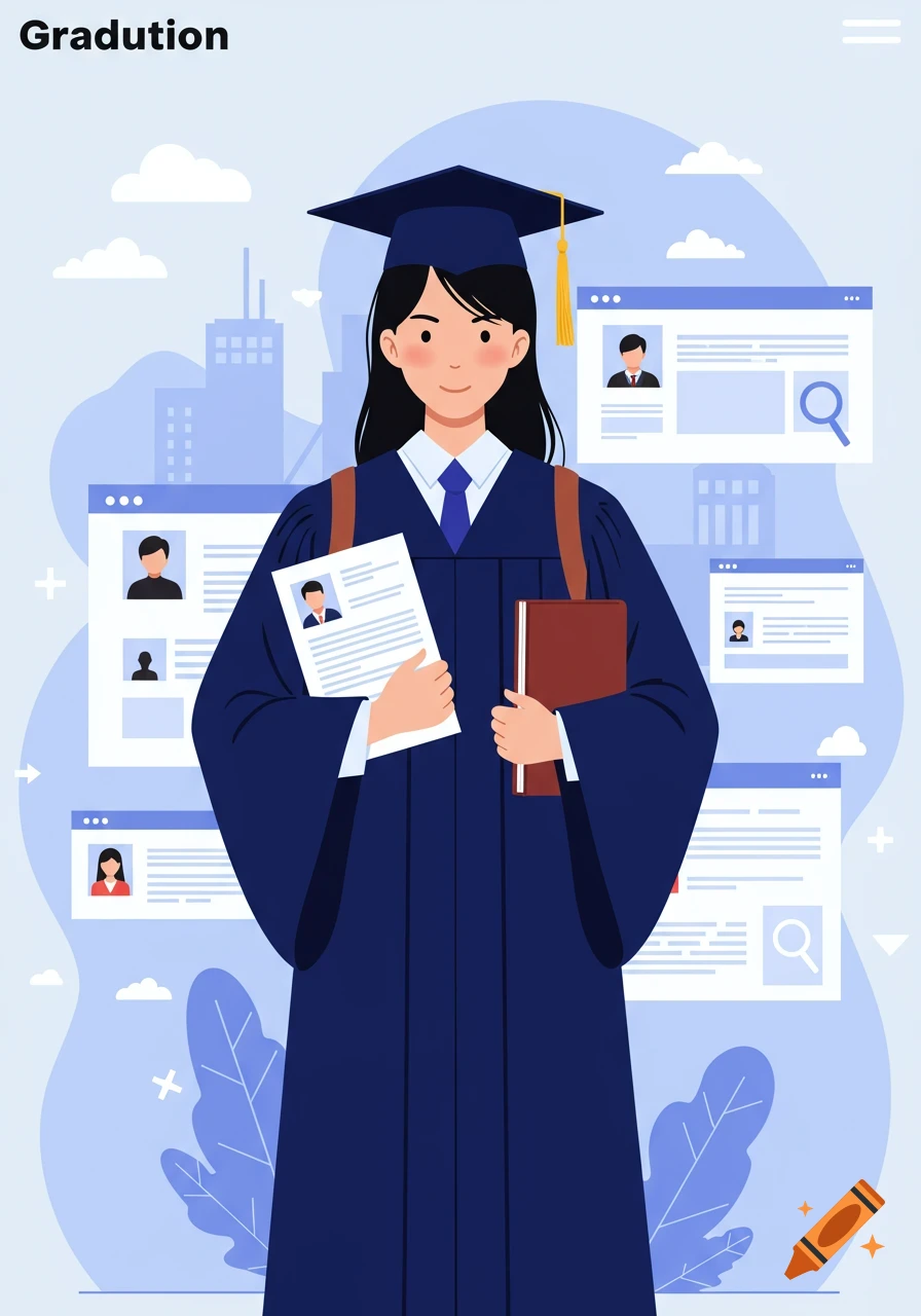 Female graduate holding a resume and book in a job search background.
