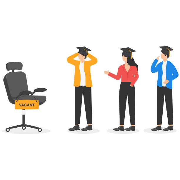 Three graduates confused in front of a vacant office chair.