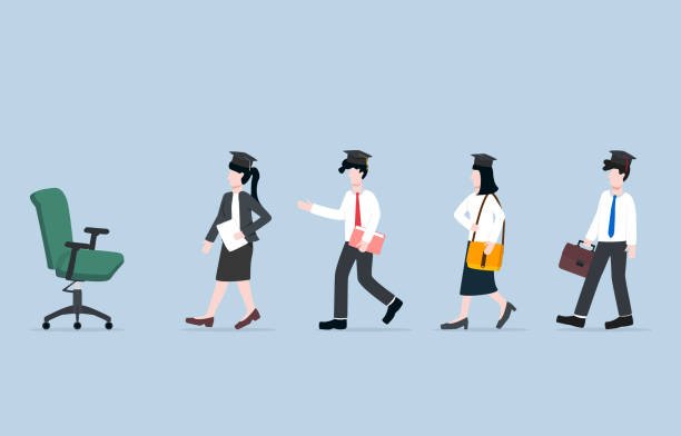  Line of graduates walking towards a job interview chair.