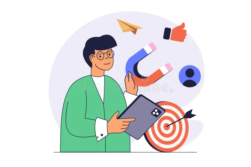 digital marketing jobs Illustration of a digital marketer using a tablet with icons for social media, engagement, and targeting.