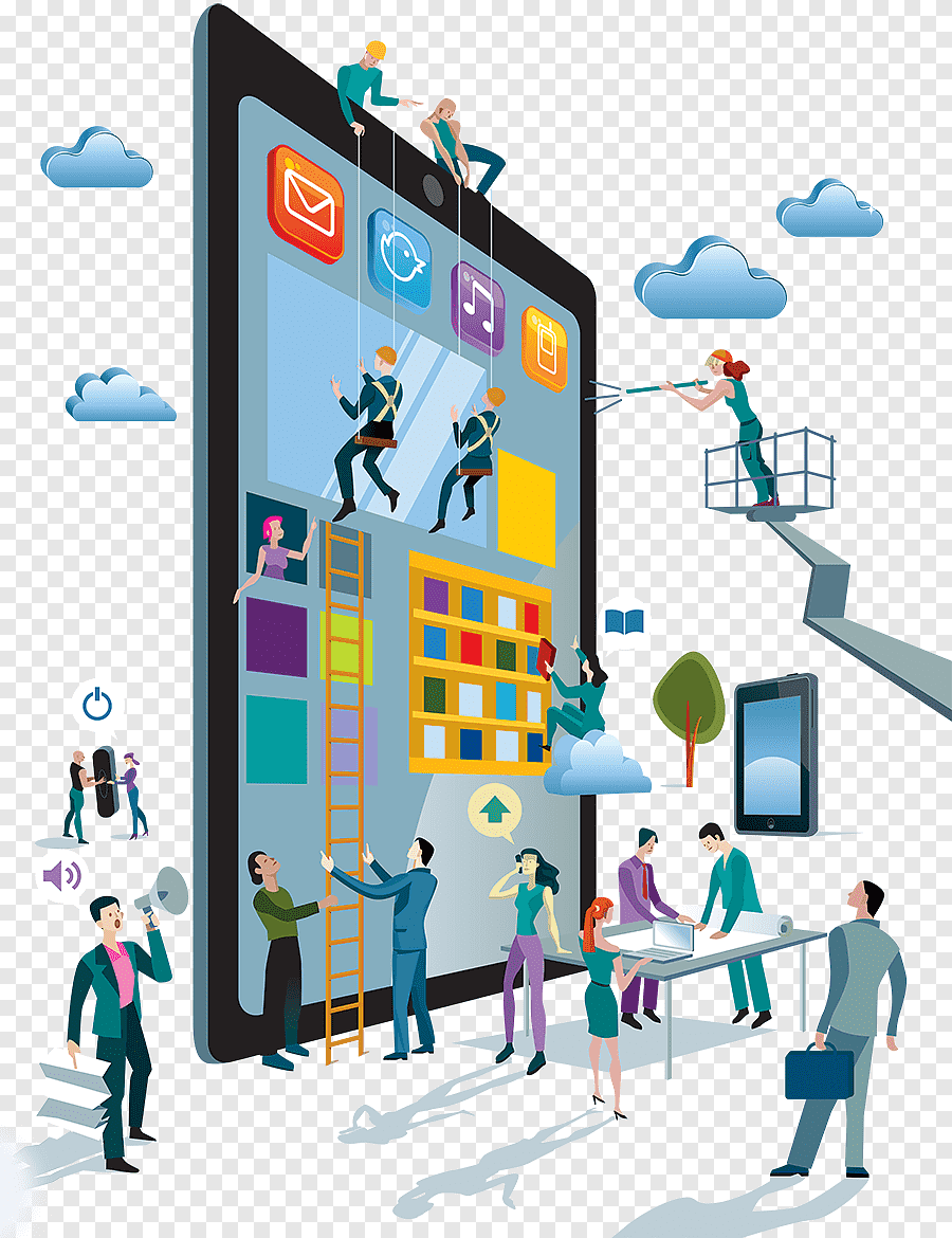 digital marketing jobs Team working on a giant digital interface with app icons, cloud storage, and collaboration tools.