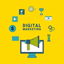 digital marketing jobs Flat design of digital marketing tools surrounding a computer screen with a megaphone.