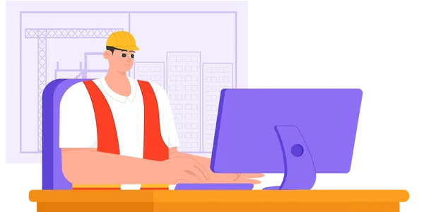 Construction worker using computer at desk