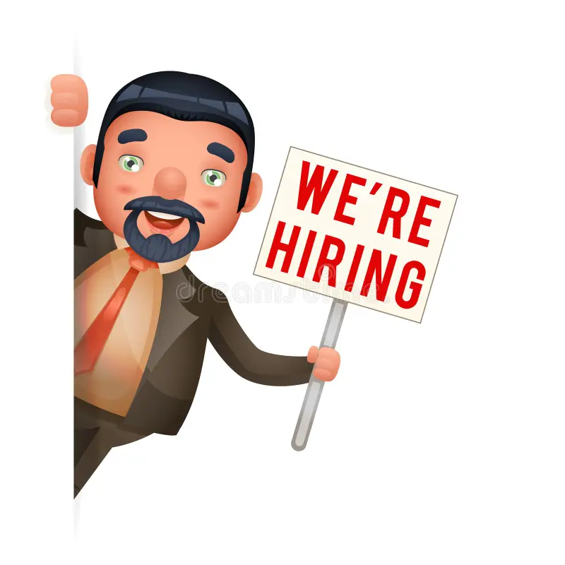 Cartoon man in a suit holding a "WE'RE HIRING" sign