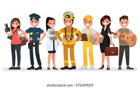 kerala2 Cartoon-style professionals including police, doctor, firefighter, delivery person, and businesswoman.