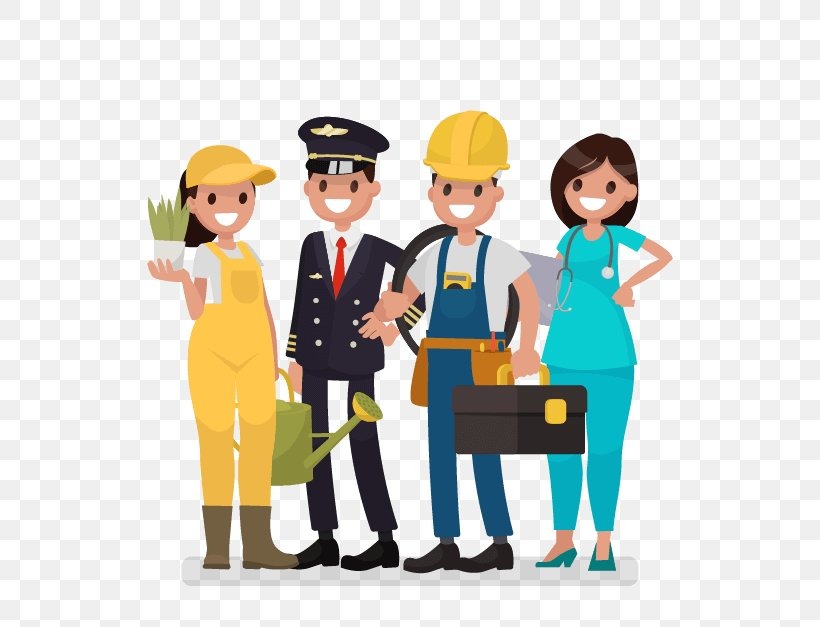 jobs in kerala Cartoon illustration of a farmer, pilot, engineer, and nurse standing together.