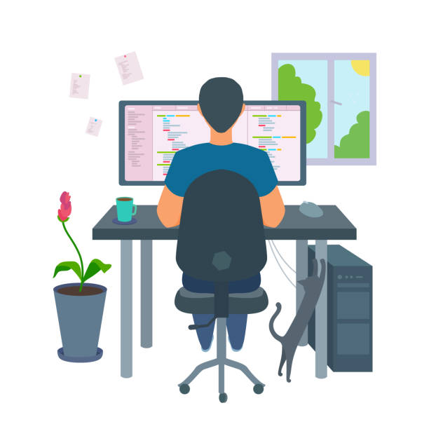 no experience jobs work from home Man working on dual monitors from home with a cat beside him