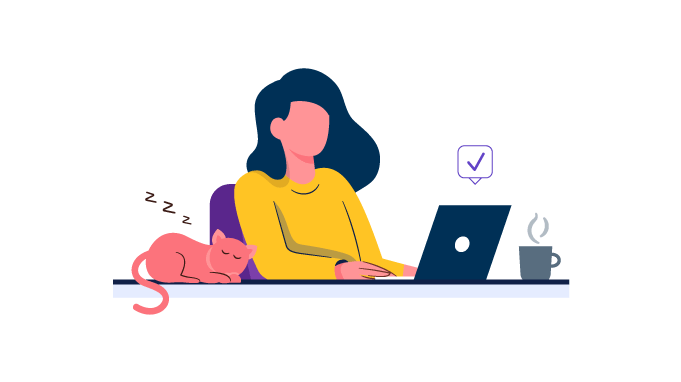 no experience jobs work from home Woman working remotely on a laptop with a cat sleeping next to her