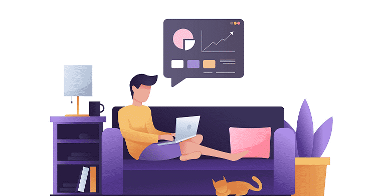 no experience jobs work from home Young man working on laptop from sofa with graphs on screen and cat near his feet