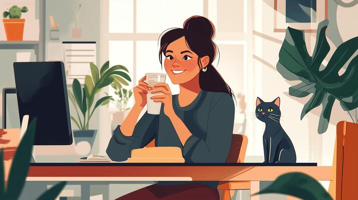 no experience jobs work from home Smiling woman working from home desk with greenery and black cat nearby