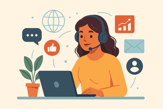 office assistant jobs Woman with headset working on laptop with office icons around