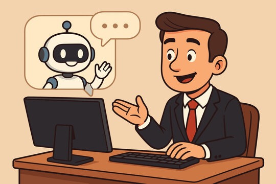 office assistant jobs Man in suit chatting with chatbot on computer screen