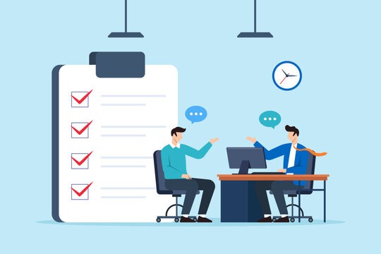 office assistant jobs Two office workers having a discussion at a desk with checklist behind