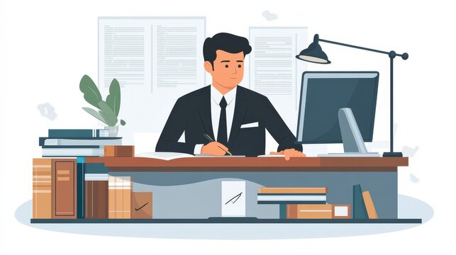 office assistant jobs Man in formal wear working at a desk with books and computer